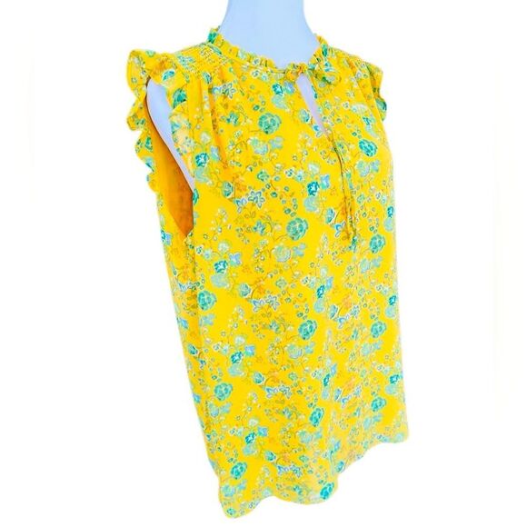 Rose & Olive Yellow Floral Blouse with Ruffle Cap Sleeves size Large - Picture 5 of 8